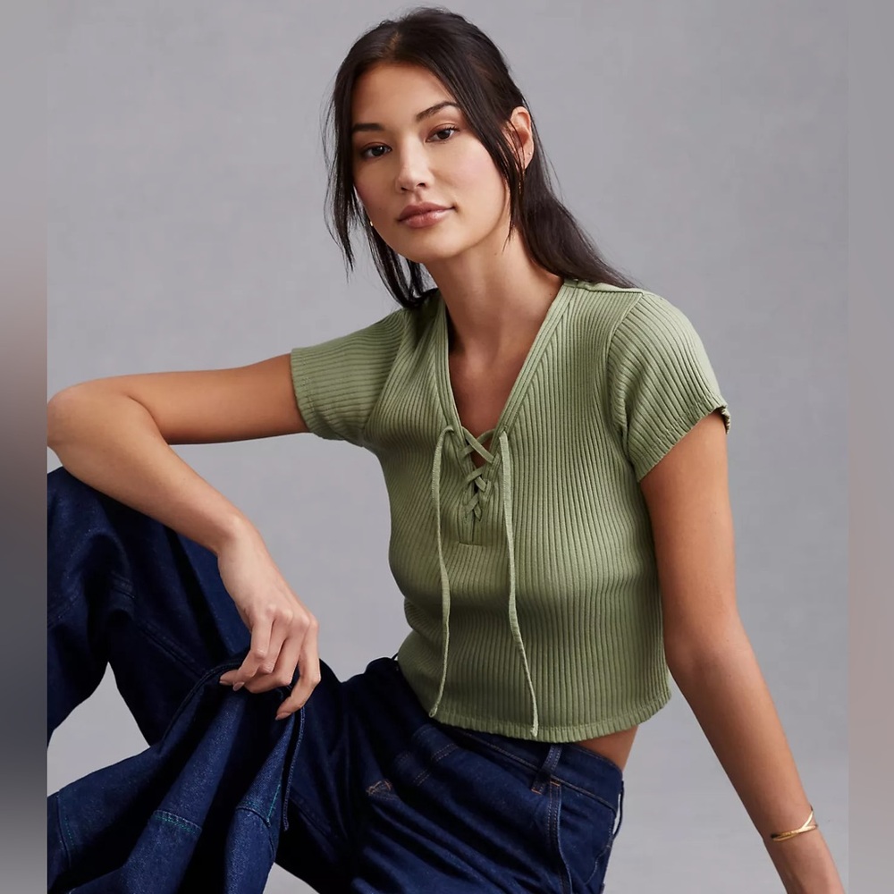Anthropologie Ribbed Tie Front Crop Top Green Boho Summer
